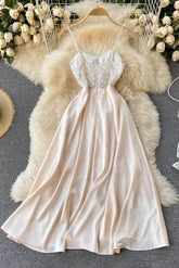 Romantisches Spitzenstickerei-Partykleid Lady Strap Satin Langes Kleid